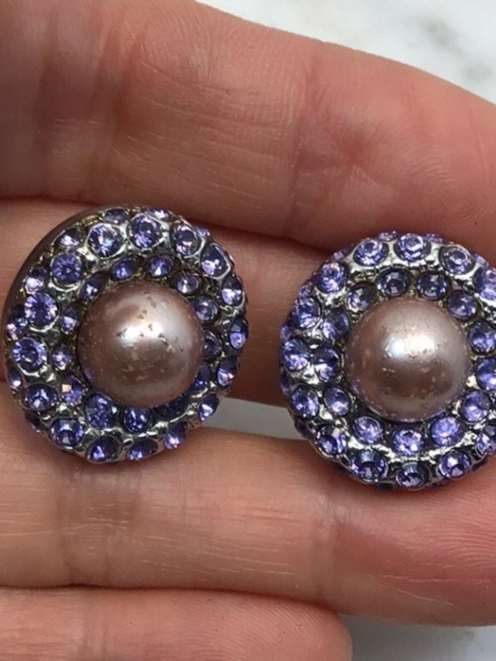 Lavender Crystal and faux Pearl Circle clip Earrings - Joan Rivers